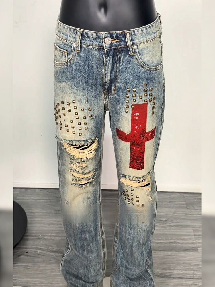 Męskie dżinsy retro z nitami i – Men'S Accessories For Jeans recenzja i cena